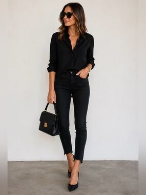 MOTHER The Stunner Zip Ankle Step Fray Jeans Black Size 27